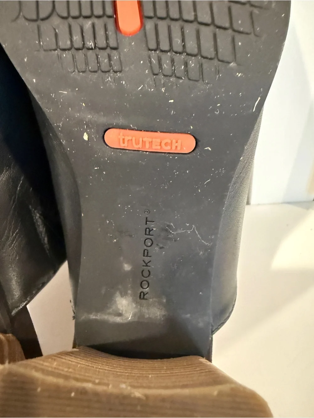 Rockport Black Leather Open-Toe Mule with Stacked Wood Block Heel